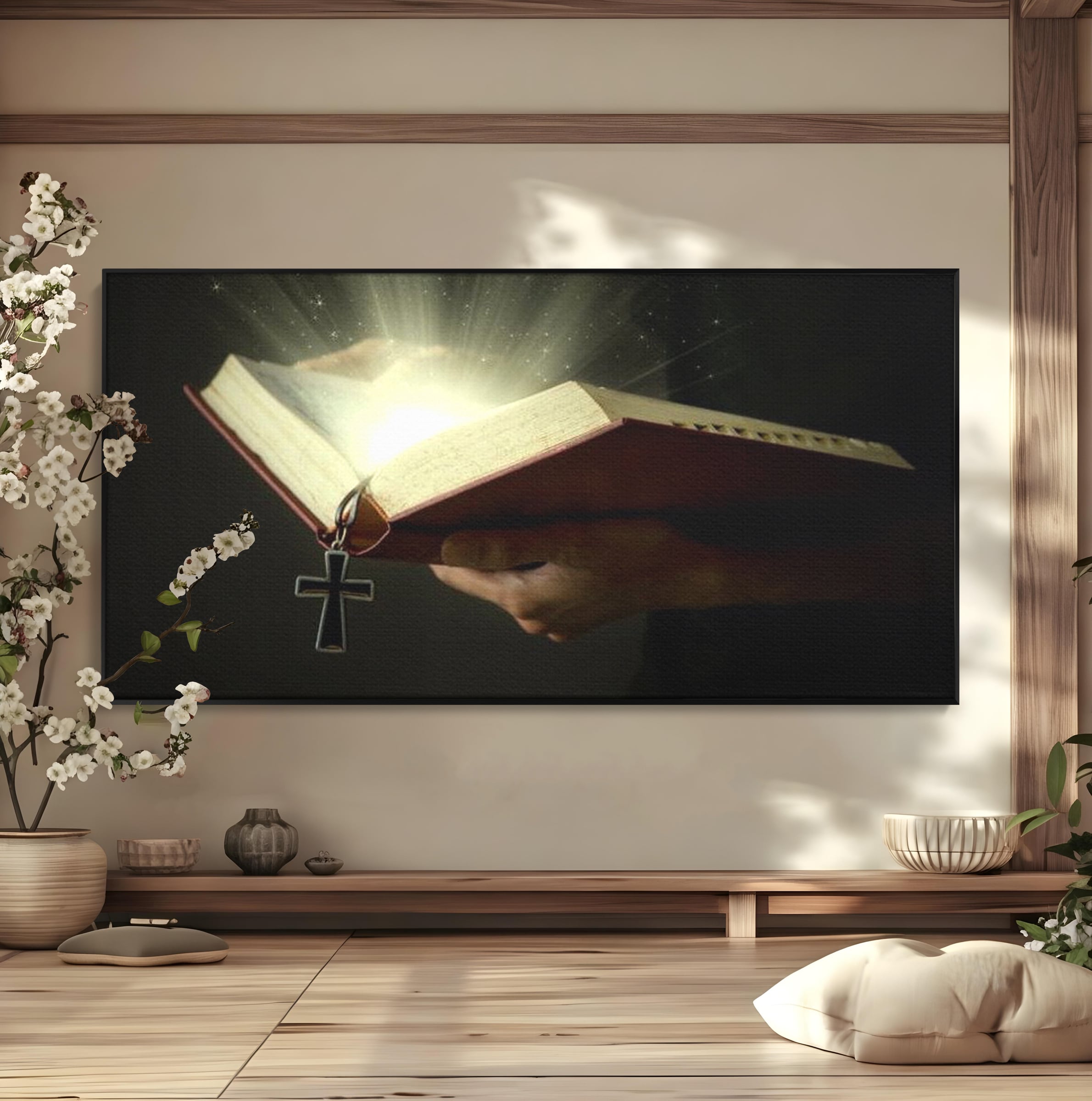 Tablou canvas cu tablou canvas cu biblie deschisa si cruce, in rama de aluminiu negru